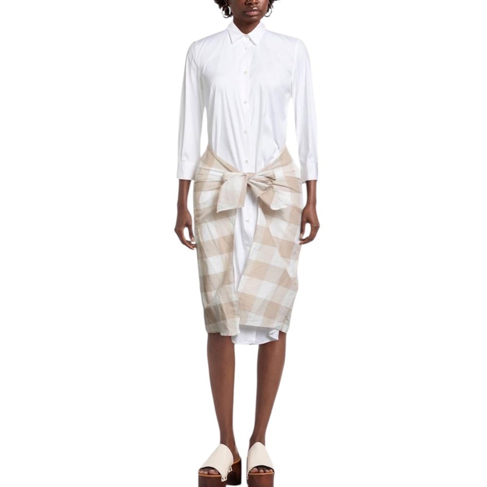 Sara Roka LICETT Women Sz 40White Gingham Wrap Shirt Dress Italy Tan Check Midi